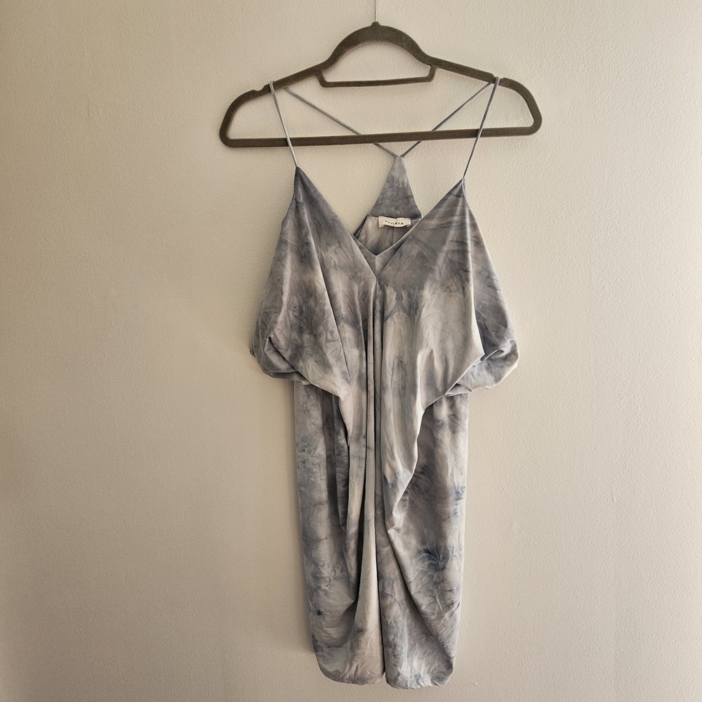 Storia Clear Skies Draped Racerback Blue White Stretch Dress Size Small‎